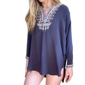 CALYPSO St. Barth Blouse Tunic Top Silk Embellished Embroidered Loose Boho XS